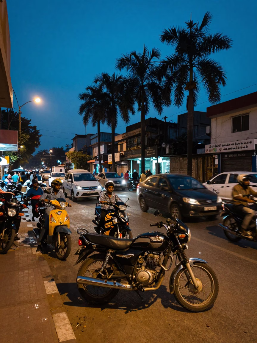Delhi India indigo twilight street scene with motorcycle and chai stall in in Delhi, India