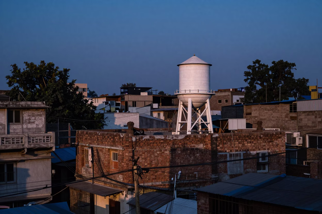 Delhi India indigo twilight street scene with rooftop water tower and chimney sweep in in Delhi, India
