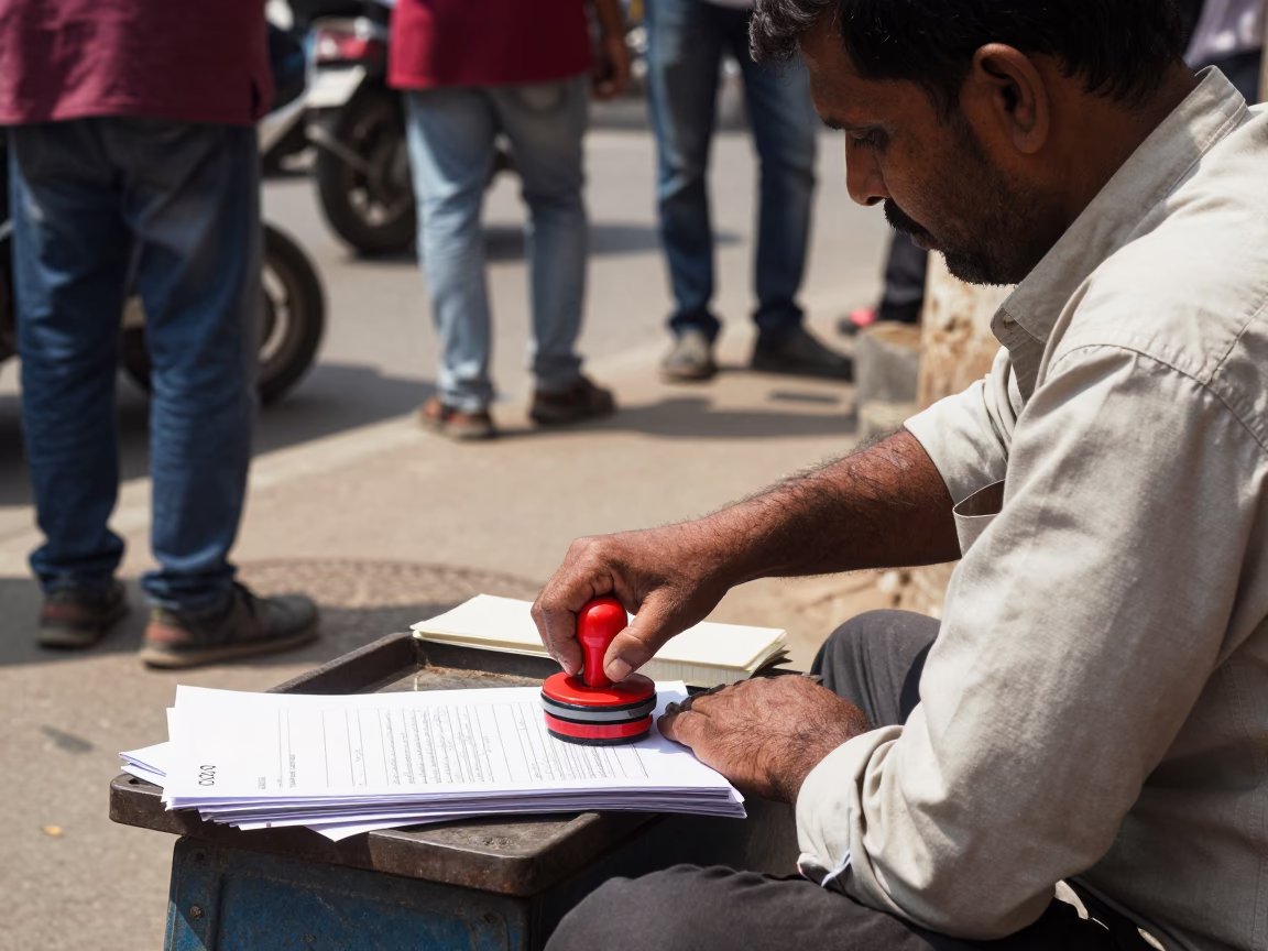 Delhi India midday street scene with rubber stamp vendor and local commerce in in Delhi, India