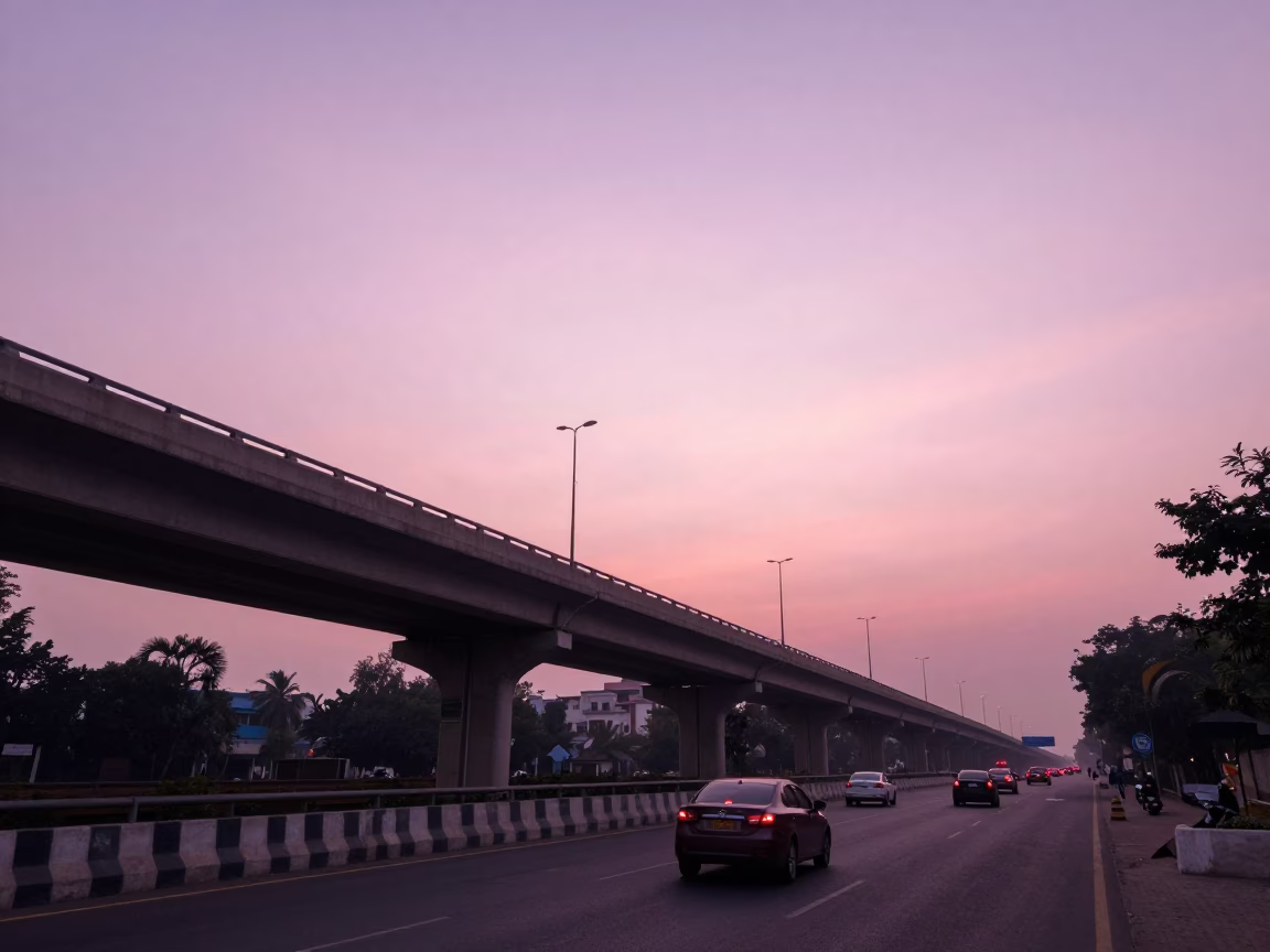 Delhi India Nautical Dawn Highway Flyover Stack Pink Sky Street Scene in in Delhi, India