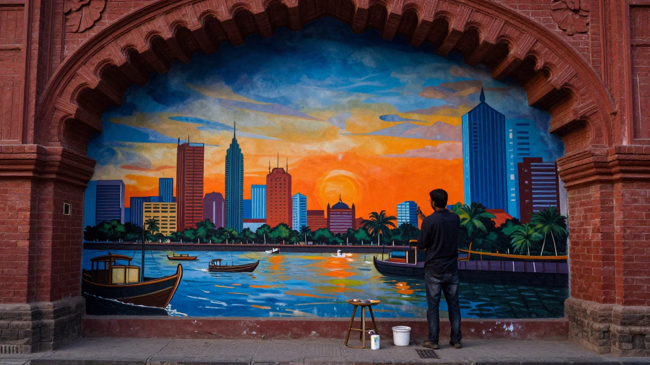 Delhi India Nautical Dawn Street Mural Artist Painting Vibrant City Wall in in Delhi, India