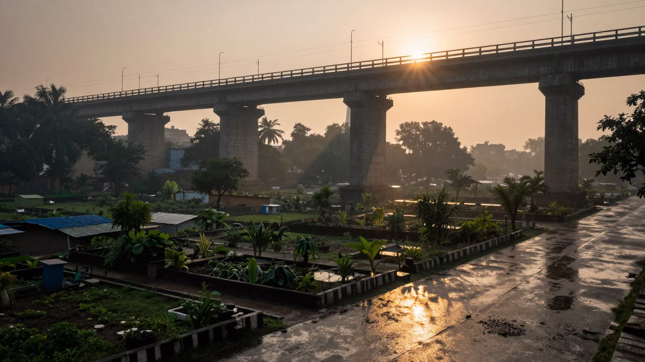 Delhi India Nautical Dawn Viaduct Shadow Cutting Across Rain Wet Allotment Gardens in in Delhi, India