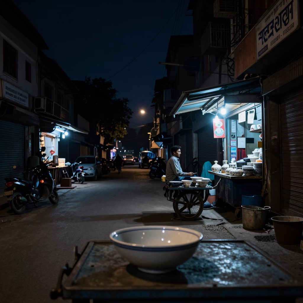 Delhi India Night Street Scene with Ceramic Bowl and Porcelain Rim Under Deep Sky in in Delhi, India