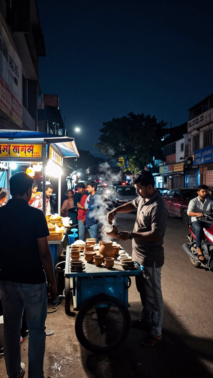 Delhi India Night Street Scene with Tea Stalls and Urban Life in in Delhi, India