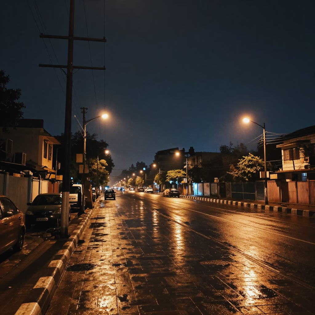 Delhi India Night Street Scene with Utility Poles and Wet Flagstones in in Delhi, India