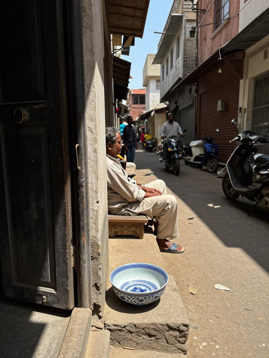 Delhi India Noon Street Scene with Blue Porcelain Bowl and Soap Residue on Doorframe in in Delhi, India