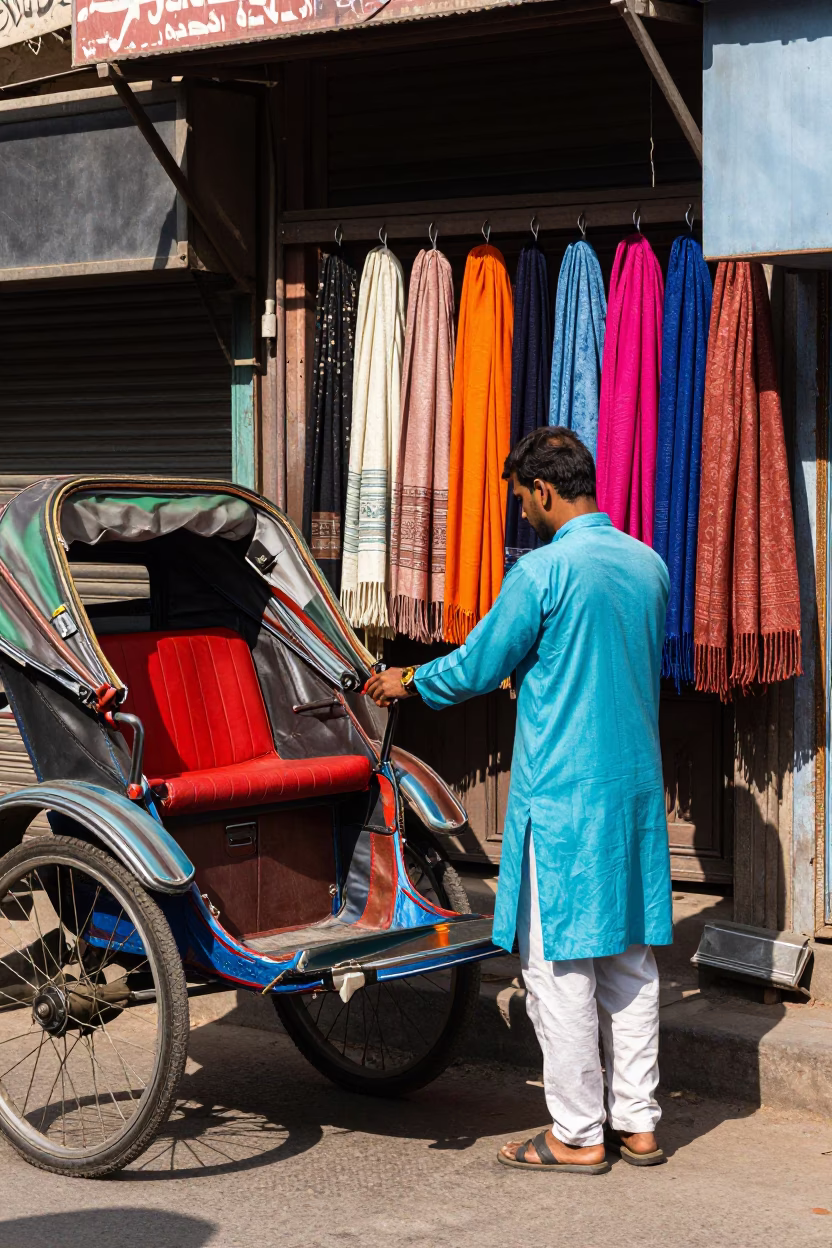 Delhi India noon street scene with colorful rickshaw and wool scarves vendor in in Delhi, India
