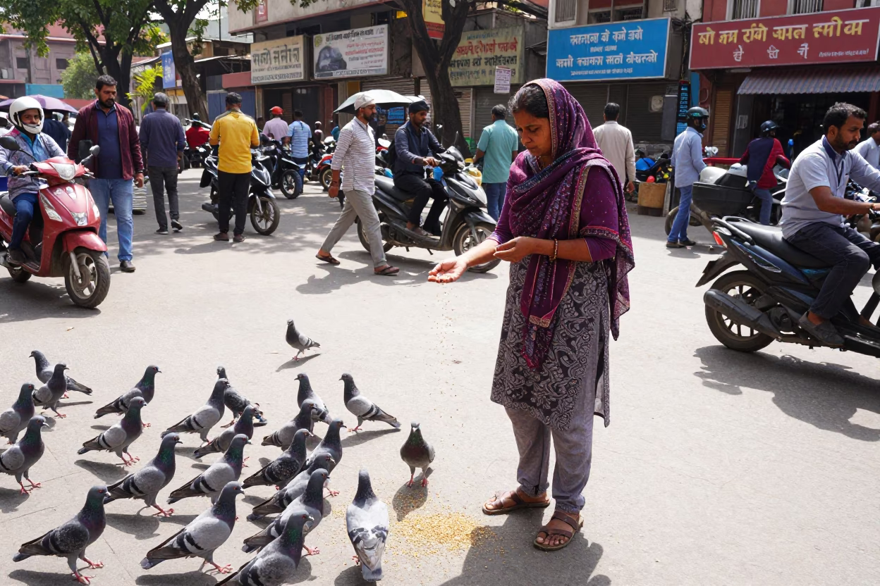 Delhi India Noon Street Scene Woman Feeding Pigeons in Bustling Town Square in in Delhi, India