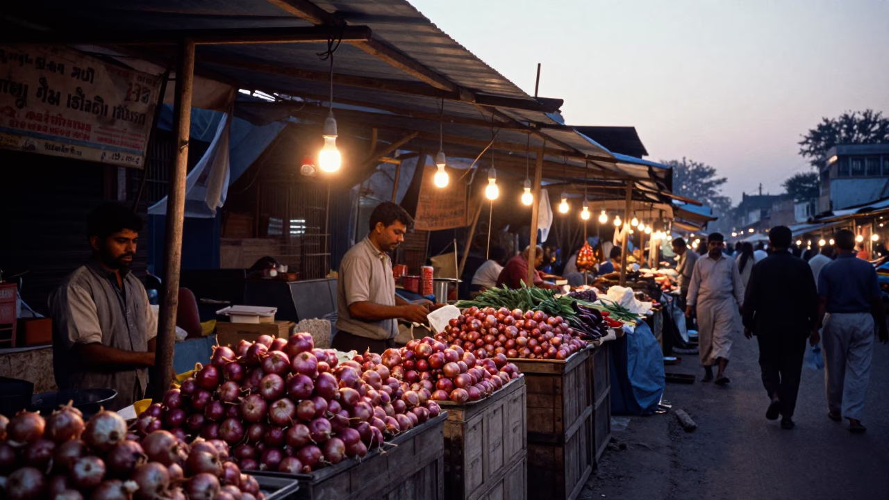 Delhi India Pre-Dawn Street Market Scene with Onions and Local Commerce in in Delhi, India