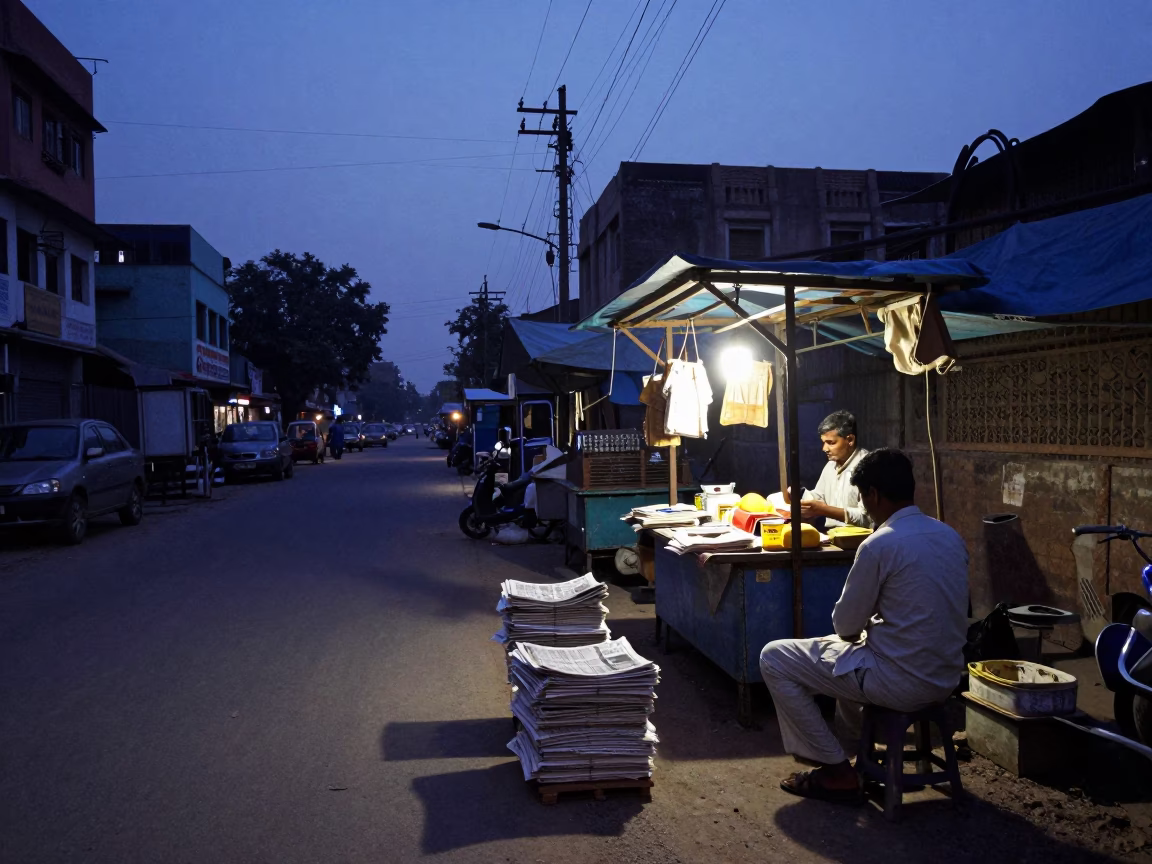 Delhi India pre-dawn street scene with newspaper stacks and urban horizon in in Delhi, India