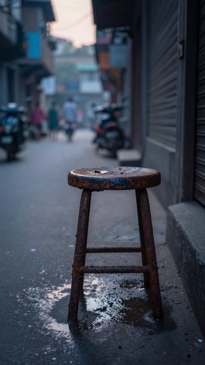 Delhi India Pre-Dawn Street Scene with Rusty Stool and Grease Sheen on Runner in in Delhi, India
