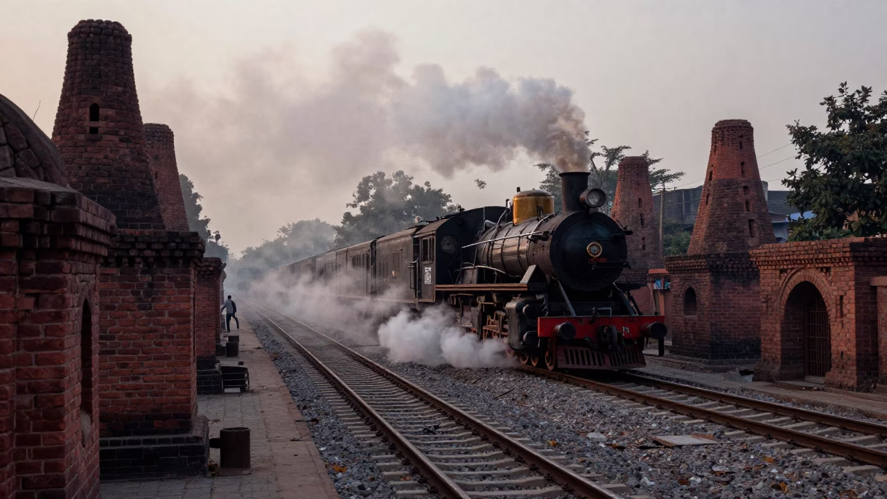 Delhi India pre-dawn street scene with steam locomotive and brick kilns in in Delhi, India