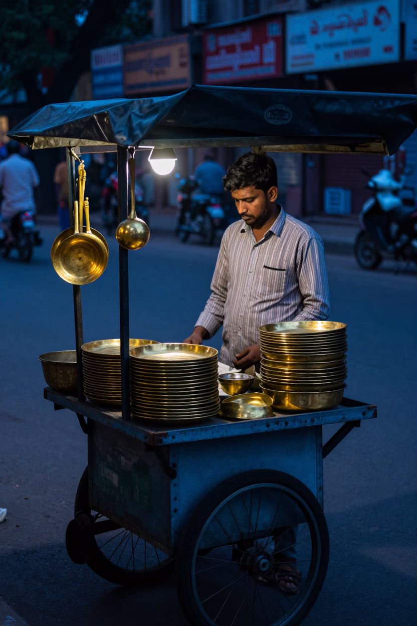 Delhi India pre-dawn street vendor stall with brass utensils and cooking supplies in in Delhi, India