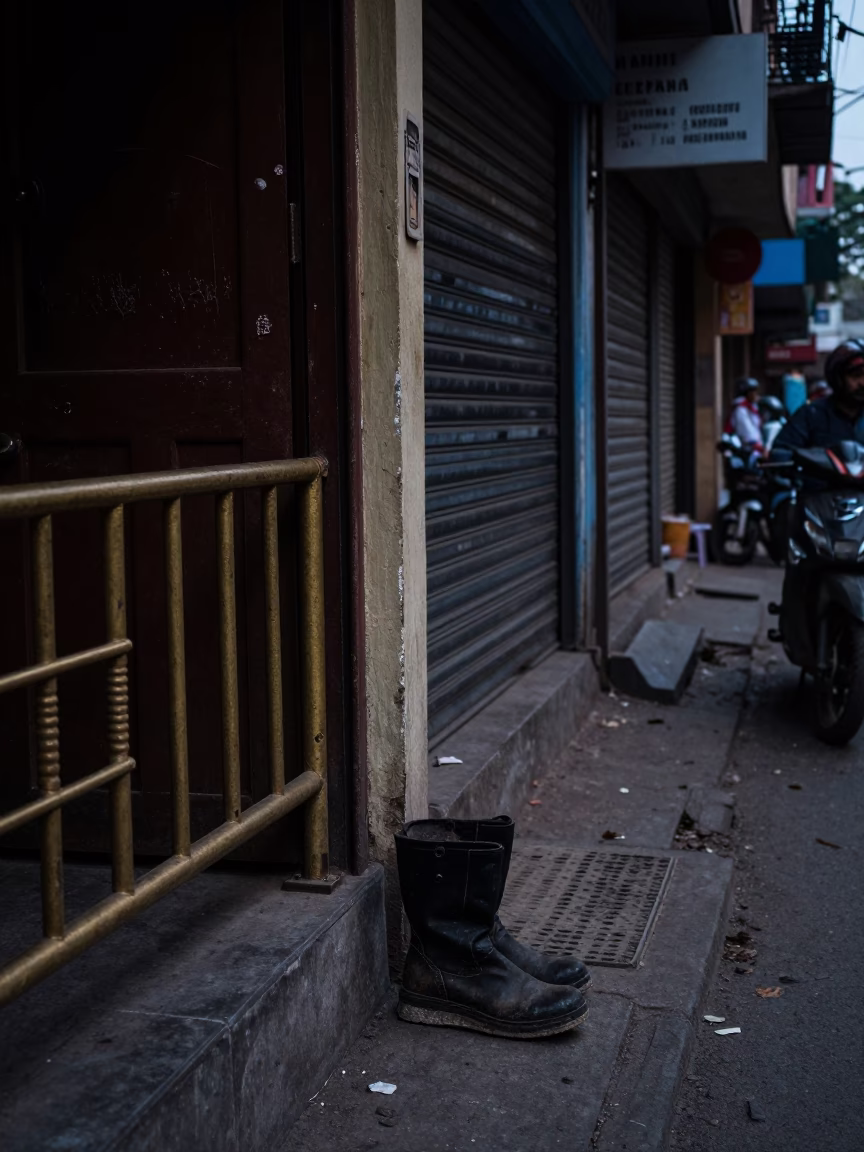 Delhi India Predawn Street Scene with Brass Rail and Boot Scraper in in Delhi, India
