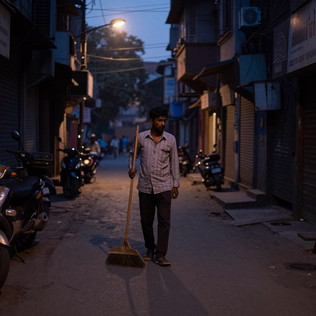 Delhi India predawn street scene with hand broom and early morning light in in Delhi, India