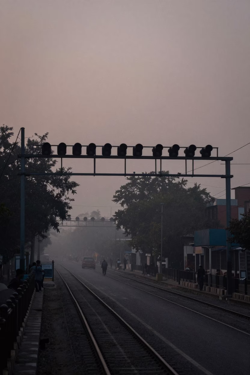 Delhi India Predawn Street Scene with Signal Gantry and Misty Rail Lines in in Delhi, India
