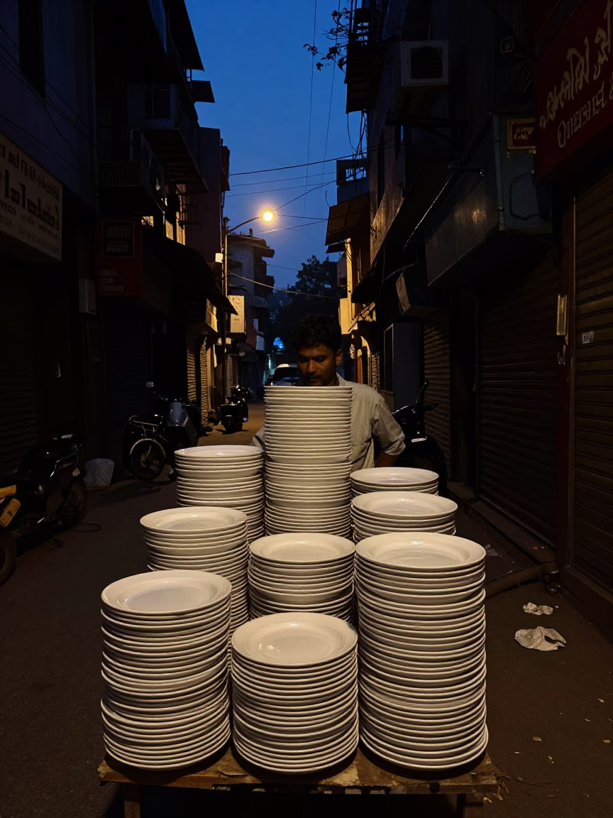 Delhi India Predawn Street Scene with Stacked Plates and Vintage Motorcycle in Dark Alleyway in in Delhi, India