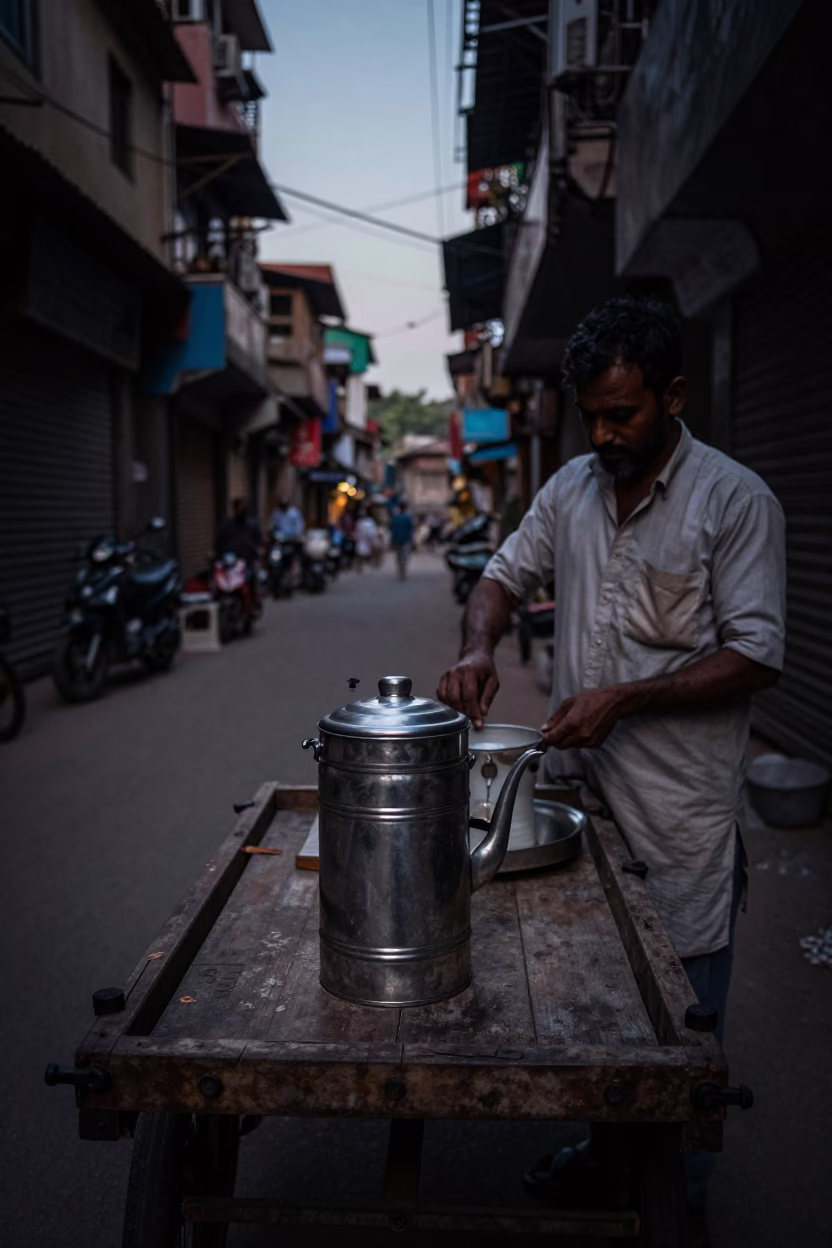 Delhi India Predawn Street Scene with Tea Tin and Vintage Majolica Plate in in Delhi, India