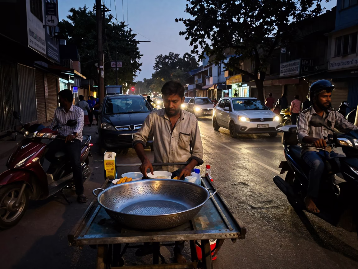 Delhi India Predawn Street Scene with Vendor and Early Commuters in in Delhi, India