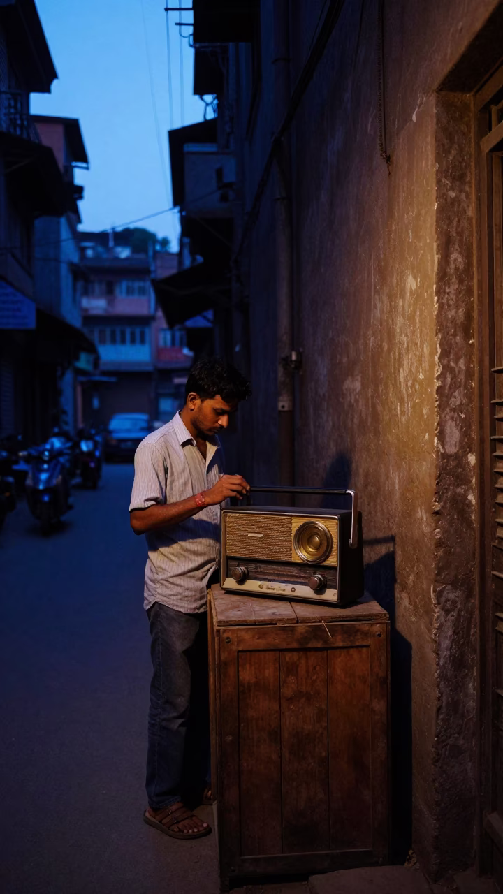Delhi India predawn street scene with vintage radio and wall hook in narrow alley in in Delhi, India