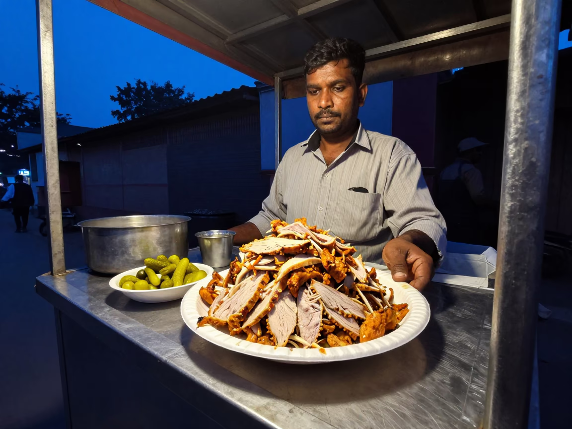 Delhi India street food vendor serving chicken shawarma with pickles at blue hour in in Delhi, India