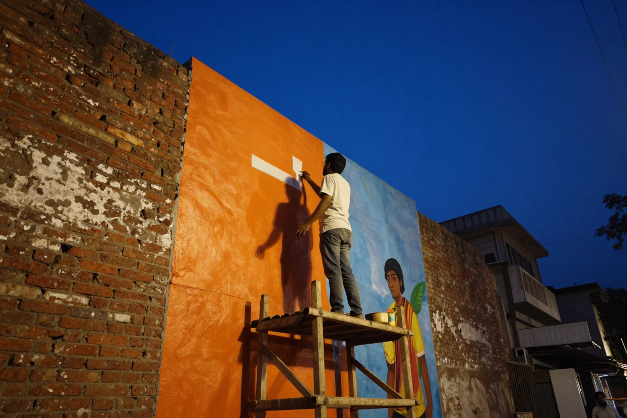 Delhi India Street Mural Artist Painting Colorful Wall During Indigo Twilight After Sunset in in Delhi, India