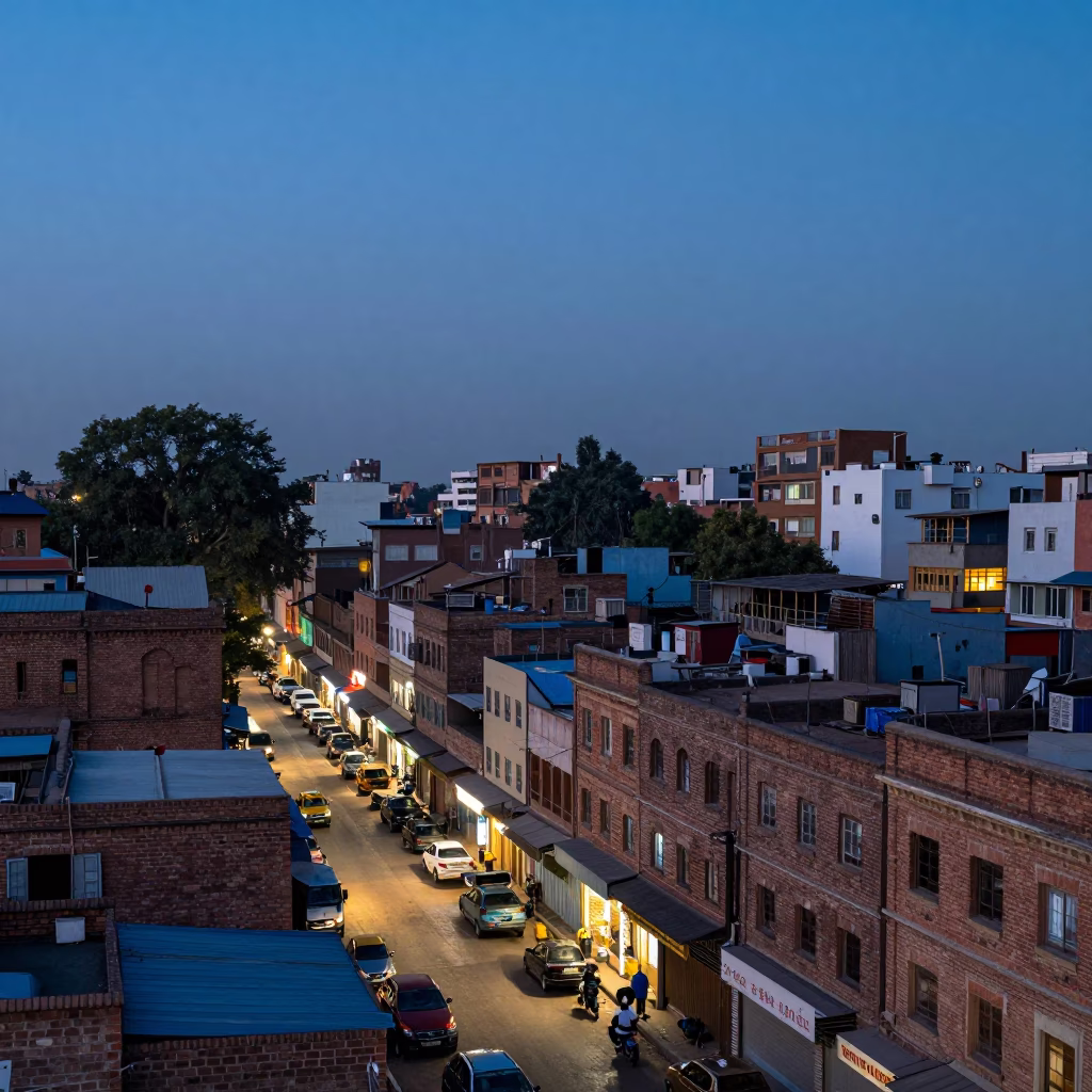Delhi India street scene at dusk with brick architecture and evening activity in in Delhi, India
