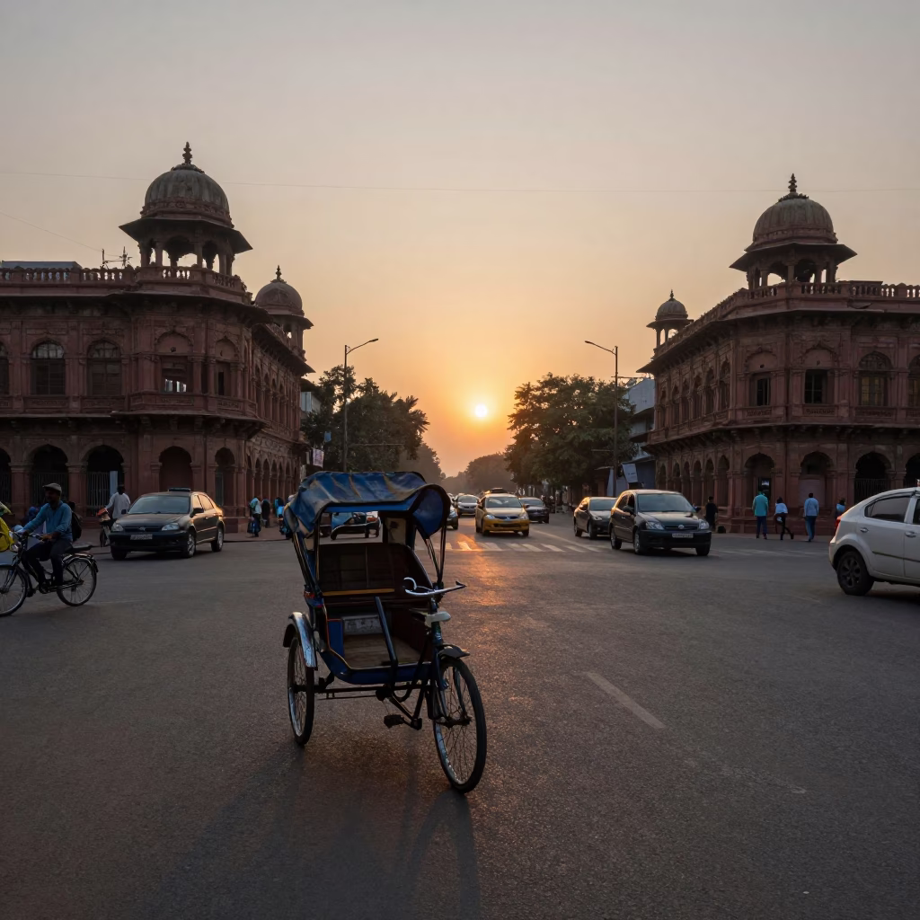 Delhi India street scene at dusk with rickshaw and colonial architecture in in Delhi, India