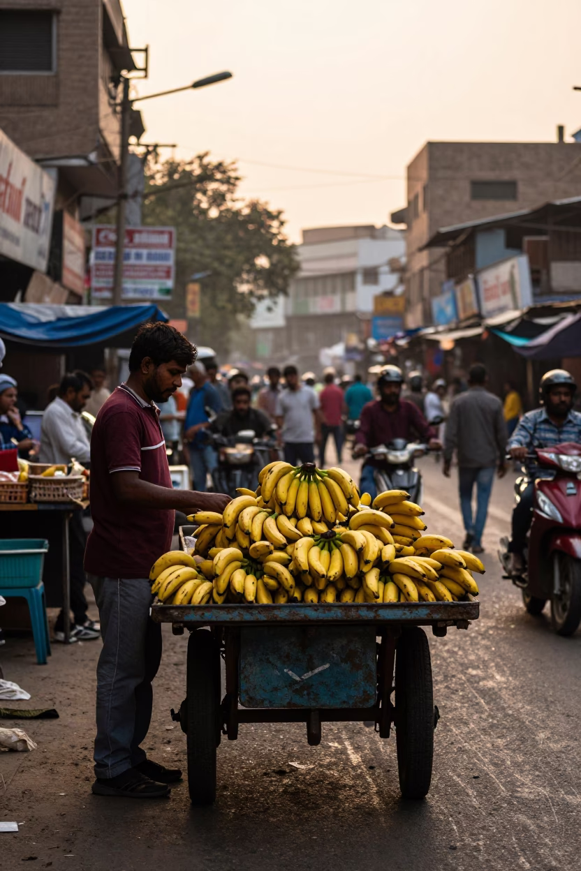 Delhi India Street Scene at Golden Hour with Bananas and Urban Life in in Delhi, India