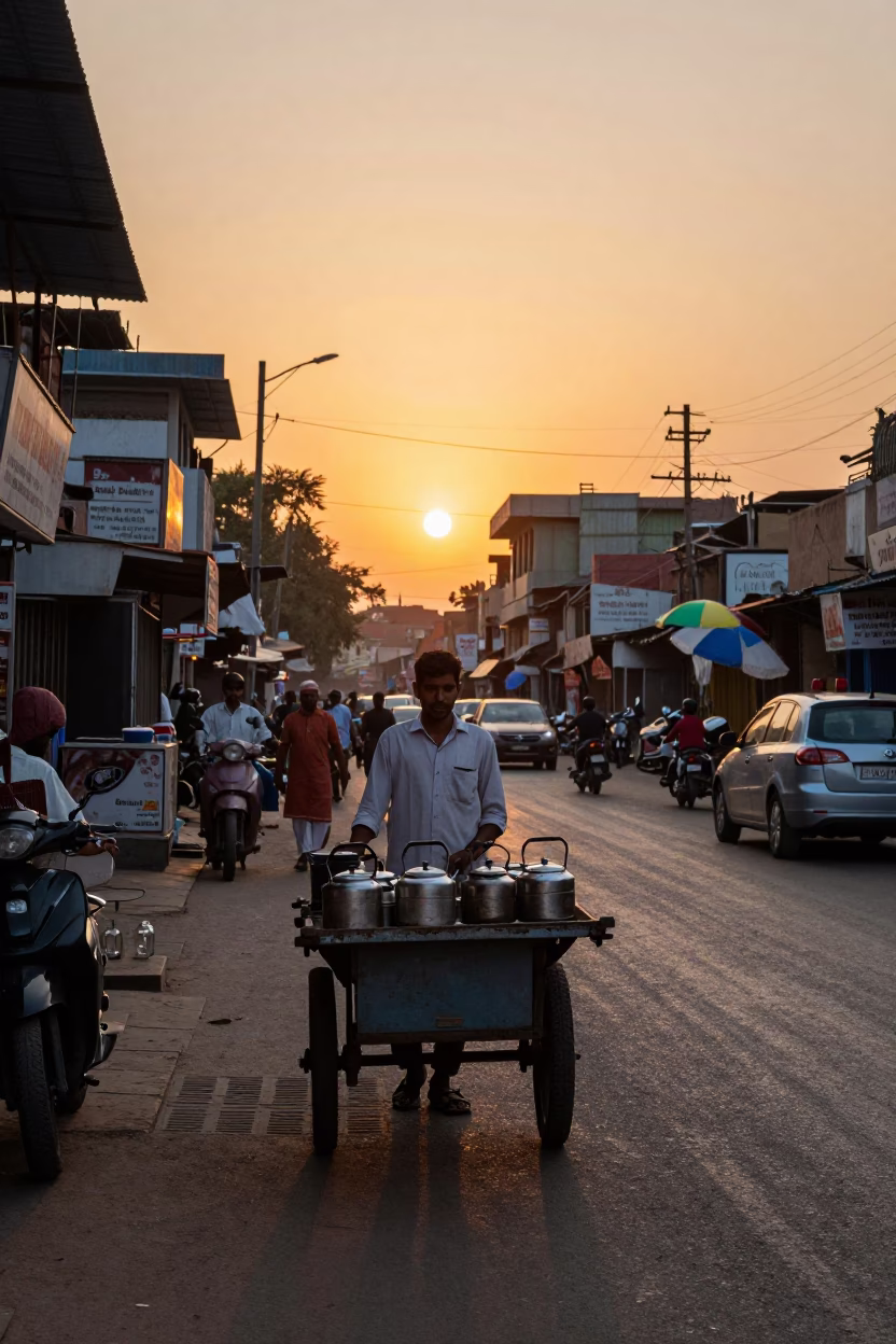 Delhi India Street Scene at Sunset with Kettle and Daily Life in in Delhi, India