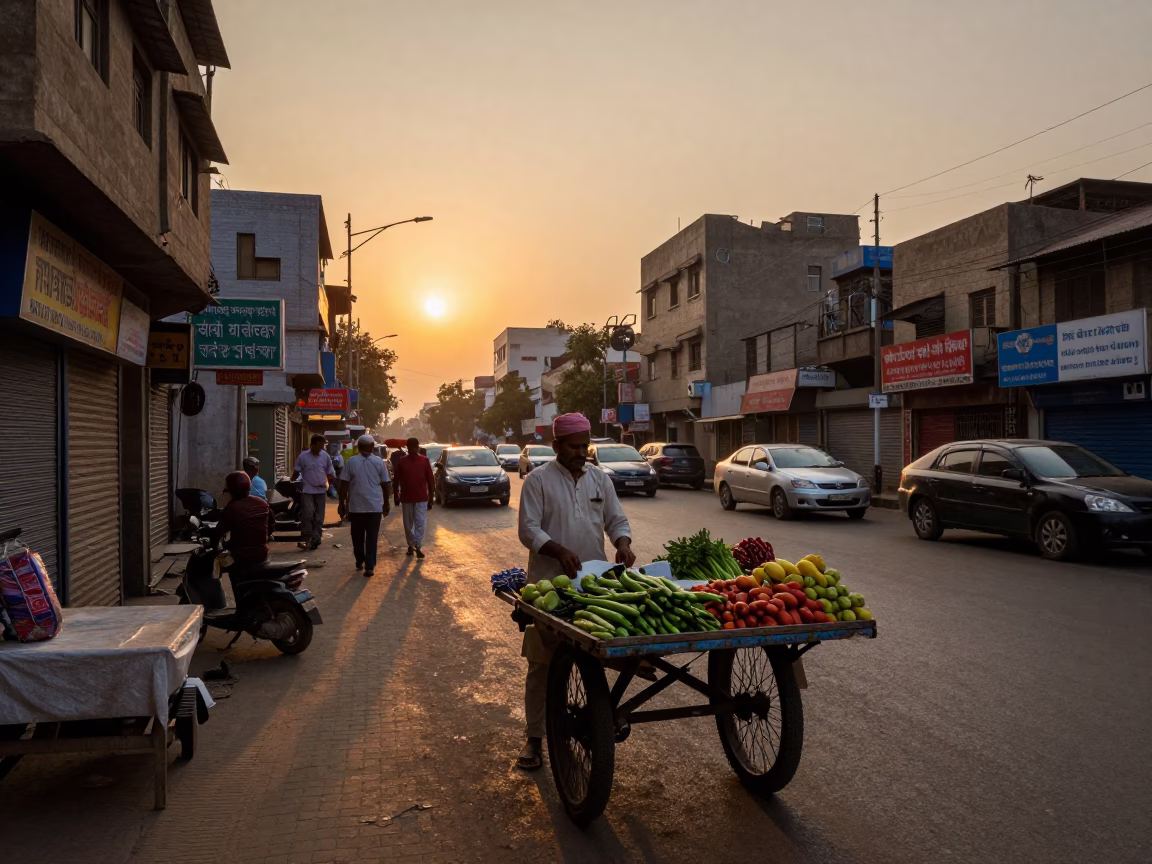 Delhi India street scene at sunset with vendor and traditional architecture in in Delhi, India