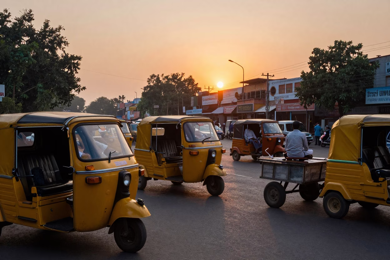 Delhi India Street Scene at Sunset with Yellow Auto Rickshaws and Busy Traffic in in Delhi, India