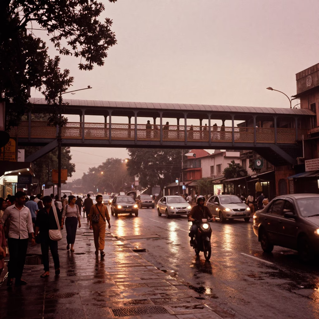 Delhi India Street Scene Before Dusk with Pedestrian Overpass and Wet Footsteps in in Delhi, India