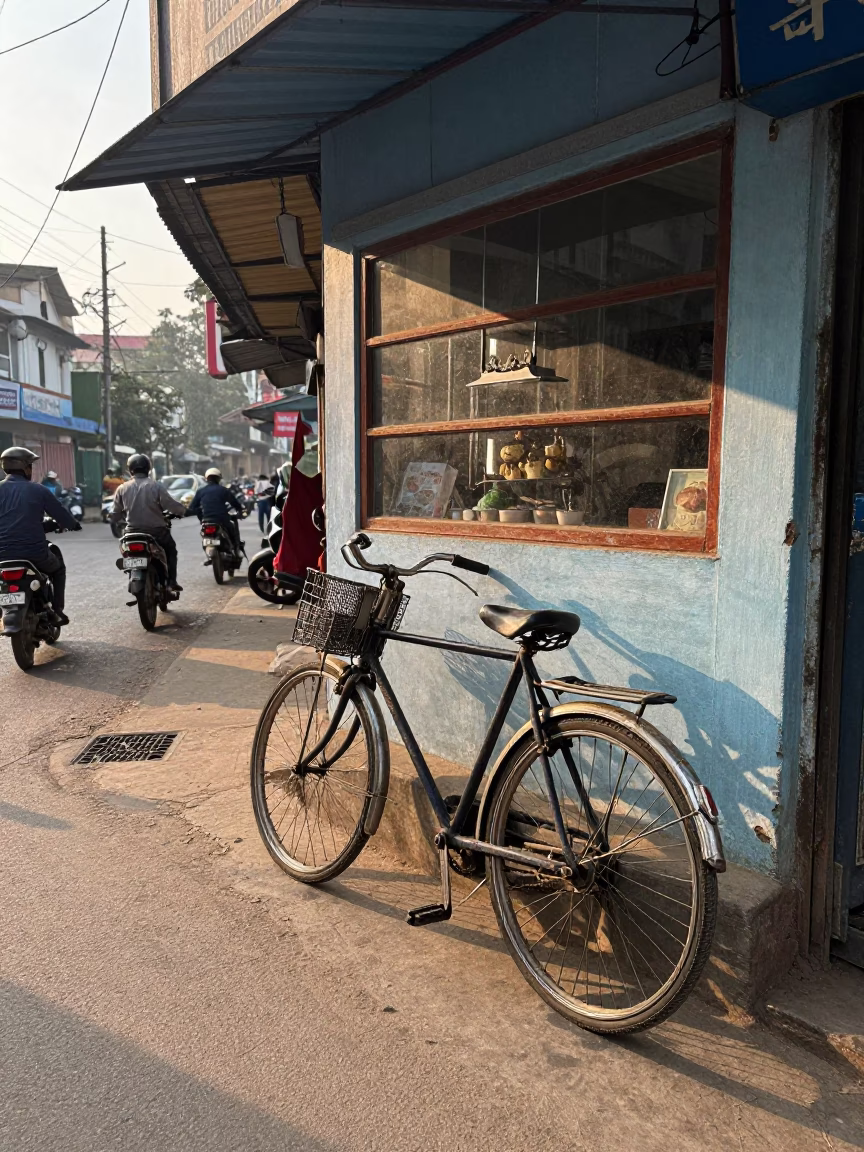 Delhi India Street Scene Bicycle Propped Against Bakery Just After Sunrise in in Delhi, India