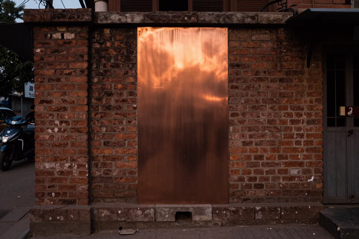 Delhi India Street Scene Copper Dusk Light Brushed Steel Wall Porcelain Jars in in Delhi, India