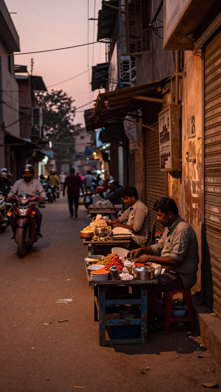 Delhi India Street Scene Copper Dusk Light Local Vendor and Pedestrians in in Delhi, India