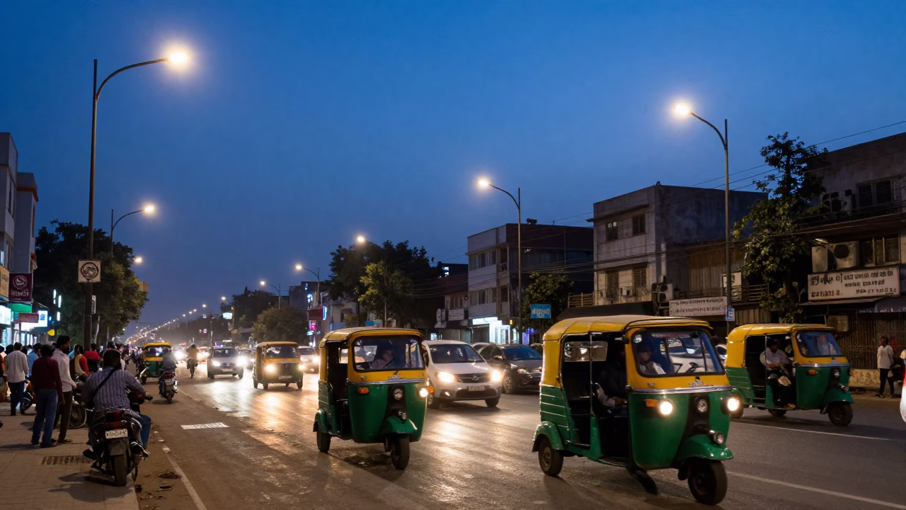 Delhi India Street Scene Indigo Twilight After Sunset Urban Life in in Delhi, India