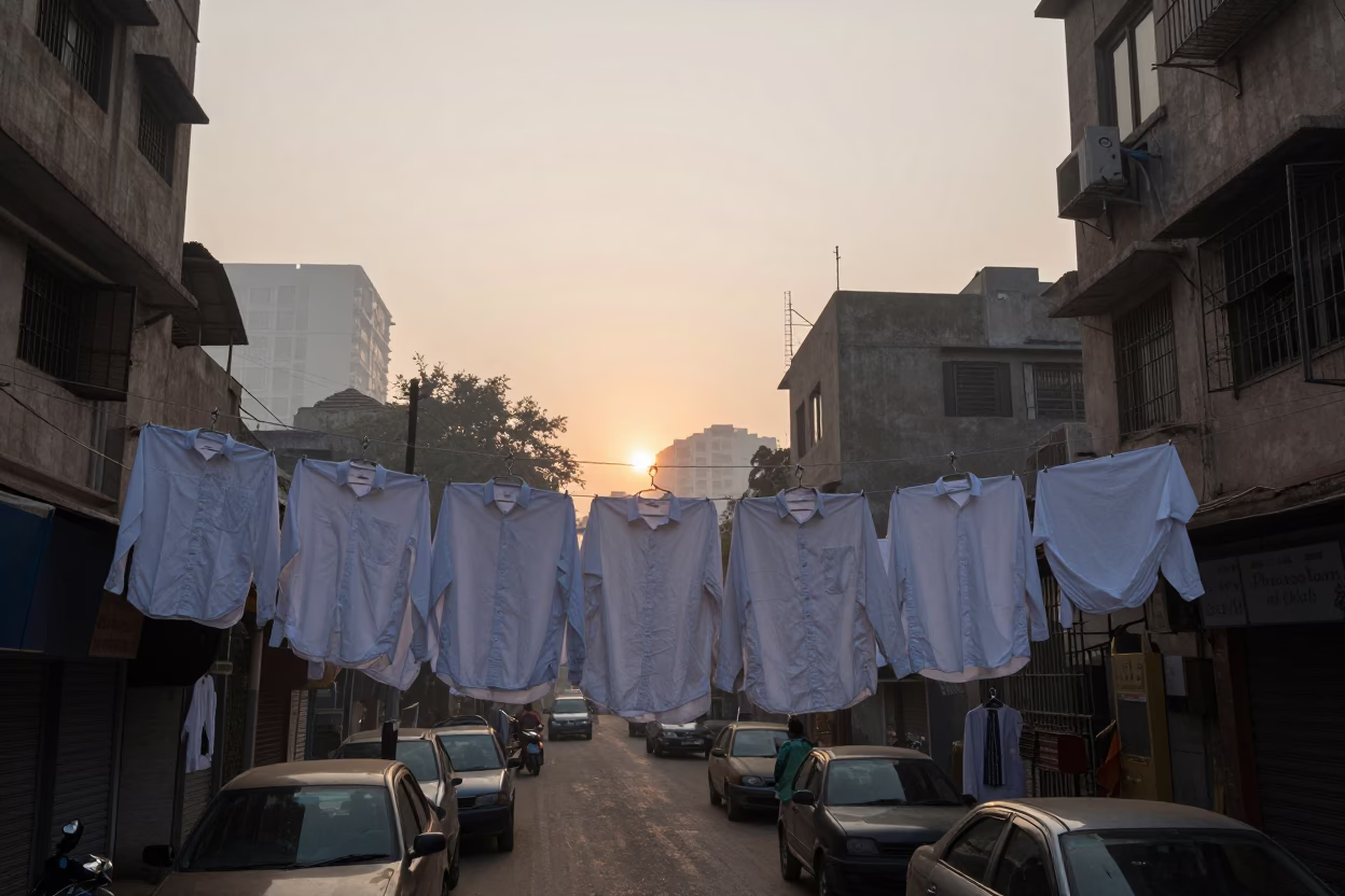 Delhi India Street Scene Just After Sunrise with Laundry Hanging and Urban Morning Light in in Delhi, India