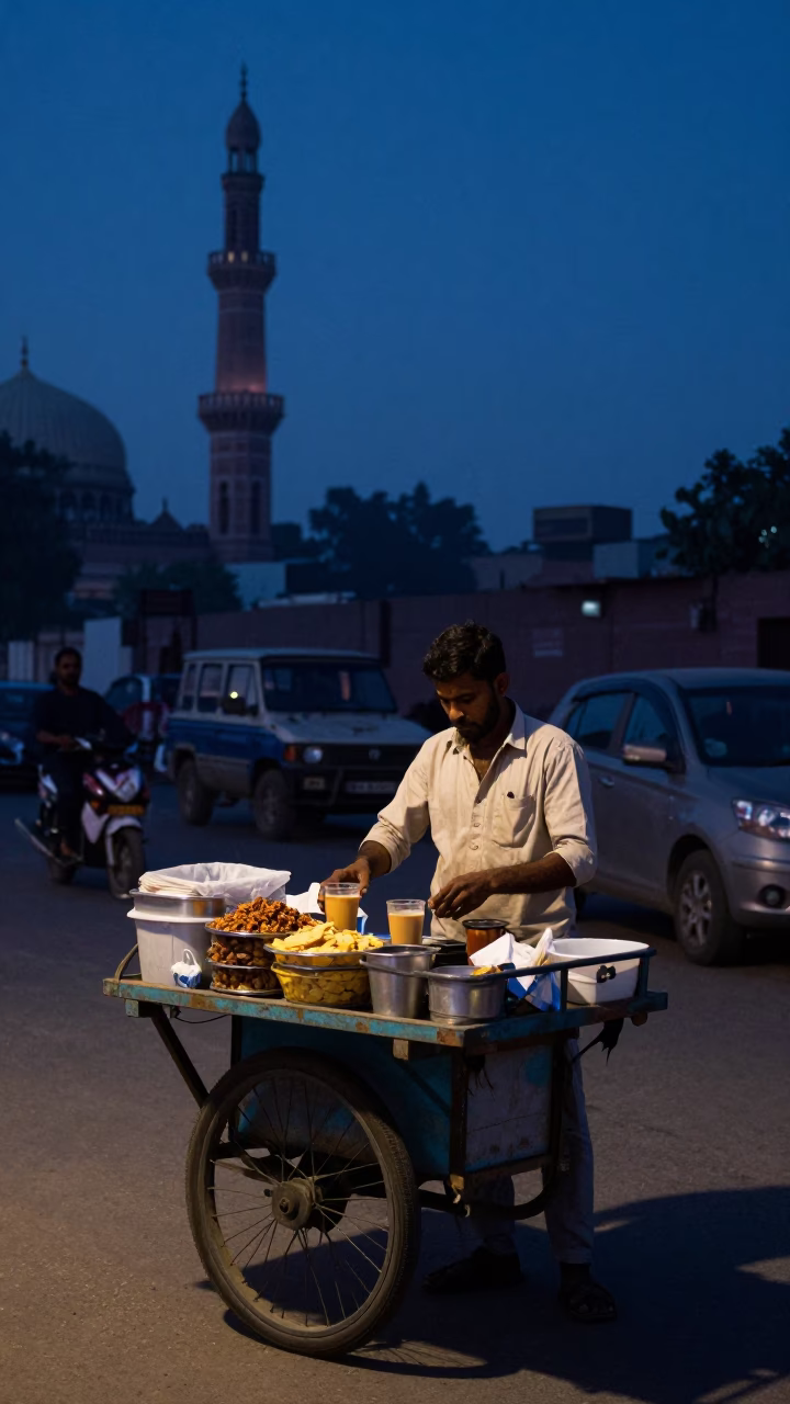 Delhi India street vendor dawn preparation chai and snacks before sunrise in in Delhi, India