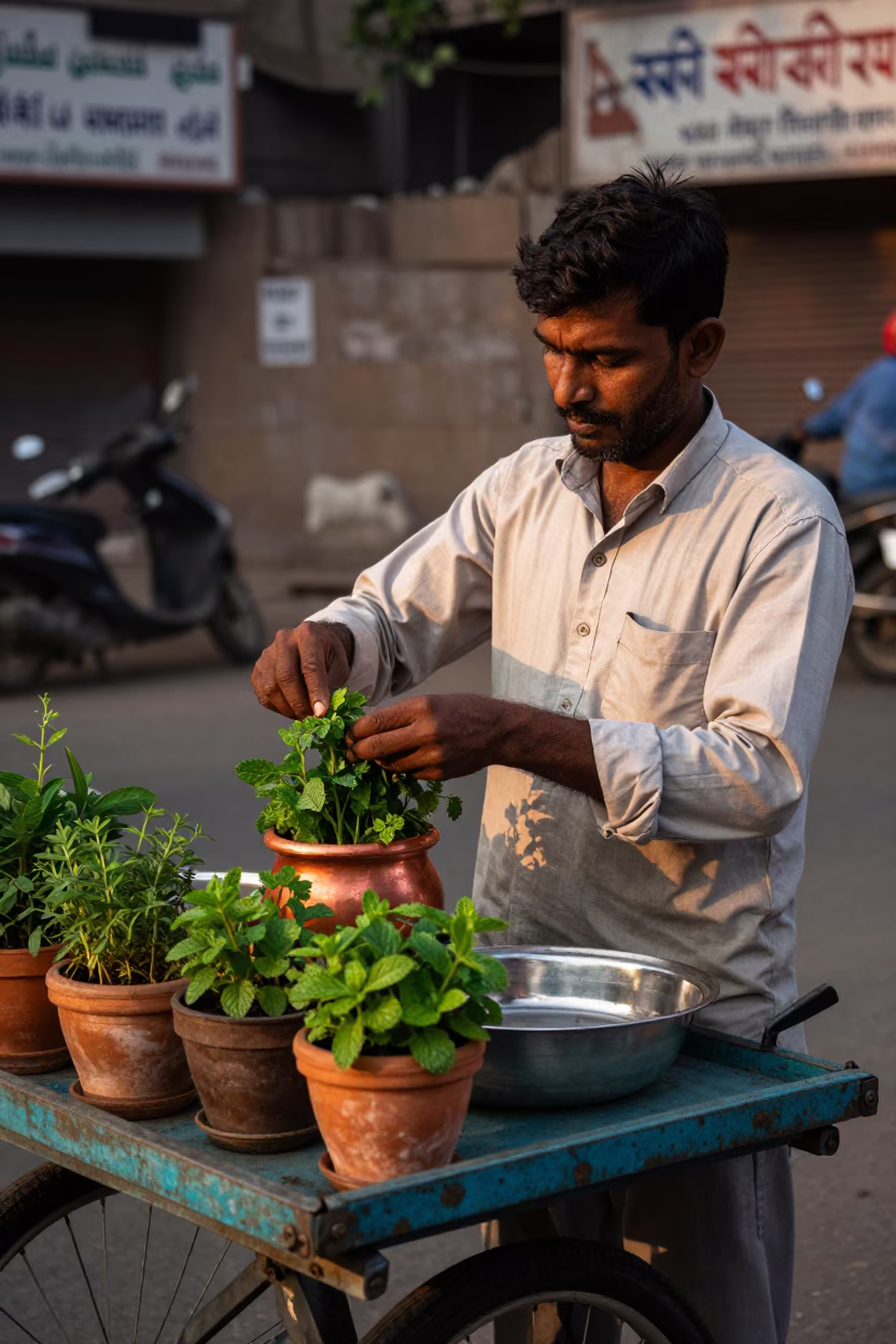 Delhi India street vendor preparing chai with potted herbs in copper dusk light in in Delhi, India