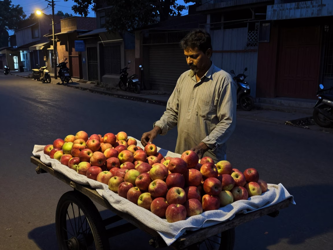 Delhi India Street Vendor Selling Apples in Predawn Darkness Before Sunrise in in Delhi, India