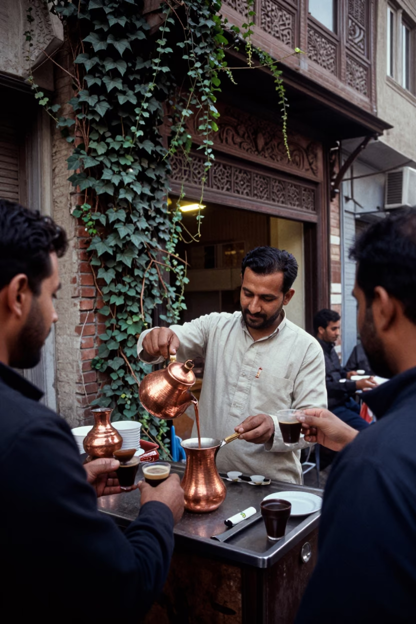 Delhi India street vendor serving copper Istanbul coffee pot in golden hour light in in Delhi, India
