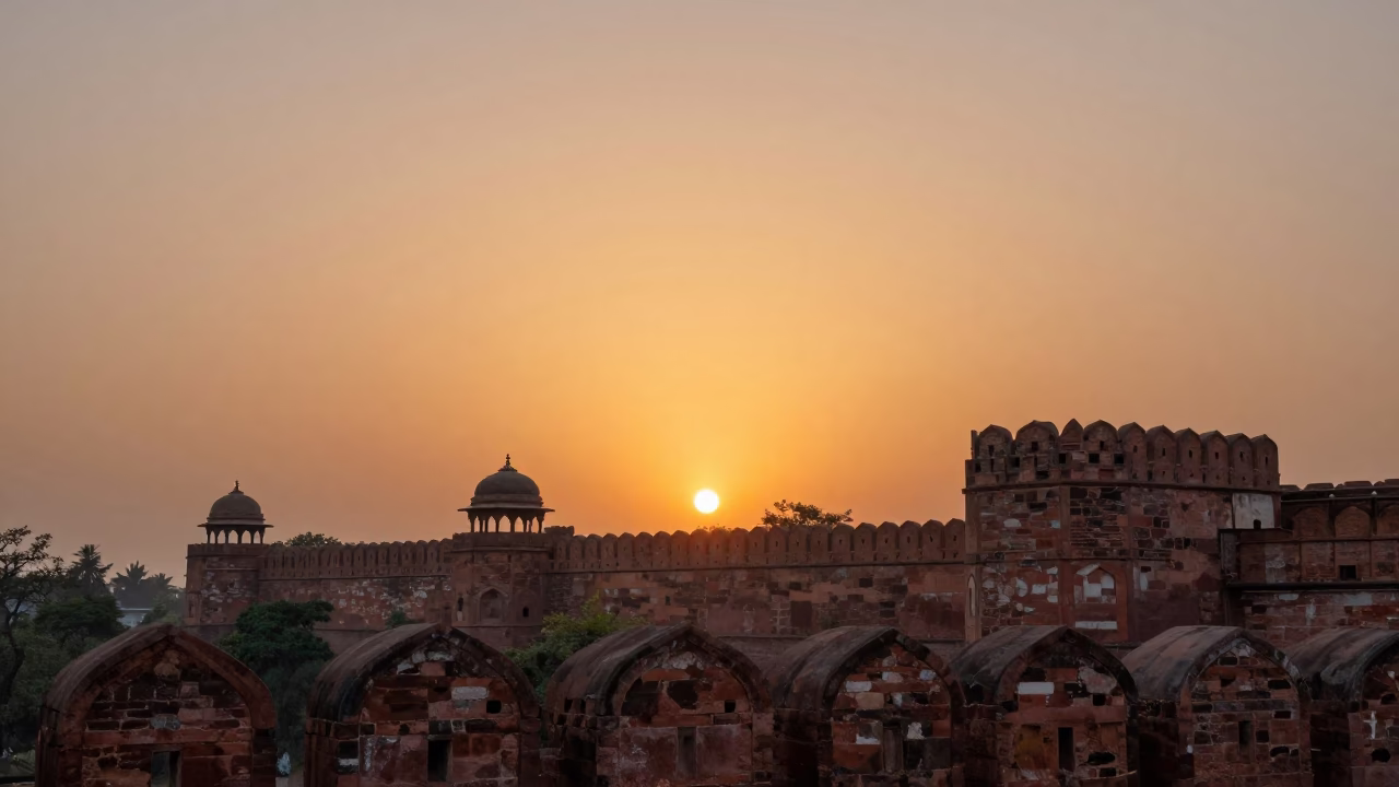 Delhi India Sunset Skyline View from Historic Fort Rampart with Local Street Life in in Delhi, India