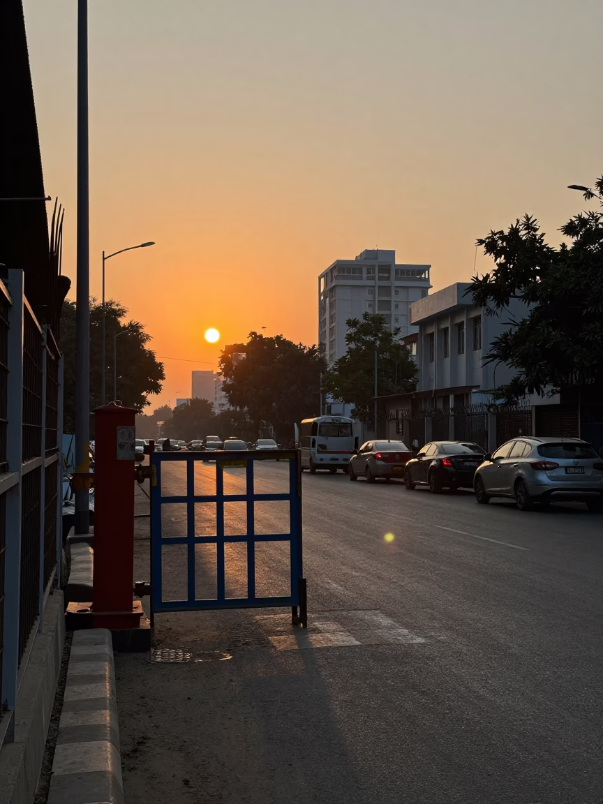 Delhi India Sunset Street Scene with Construction Gate and Rebar Bundles in in Delhi, India
