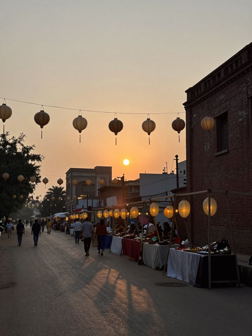 Delhi India Sunset Street Scene with Hanging Lanterns and Brick Wall Ivy in in Delhi, India