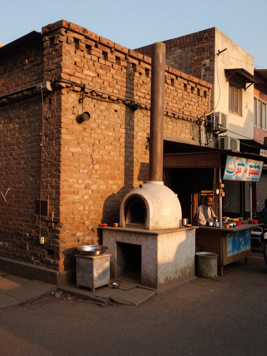 Delhi India Sunset Street Scene with Tandoor Oven and Local Life in in Delhi, India