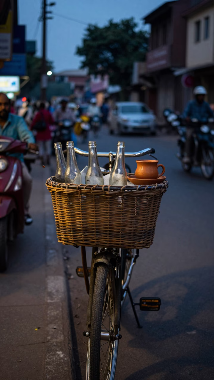 Delhi India Twilight Street Scene with Bicycle Basket and Tea Stains on Saucer in in Delhi, India