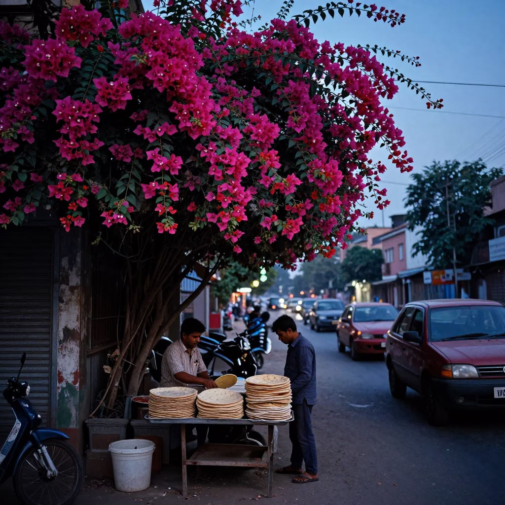 Delhi India Twilight Street Scene with Bougainvillea and Urban Life in in Delhi, India