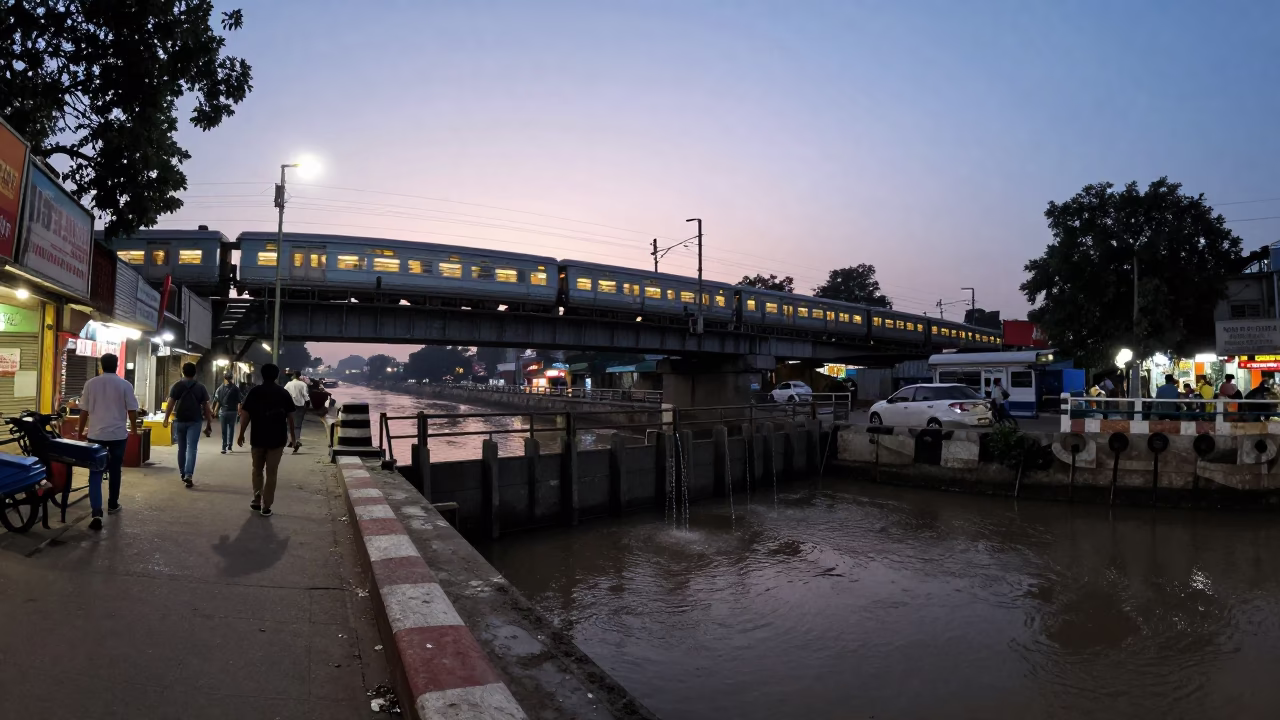 Delhi India Twilight Street Scene with Commuter Train Crossing Bridge and Muddy Canal Edge in in Delhi, India
