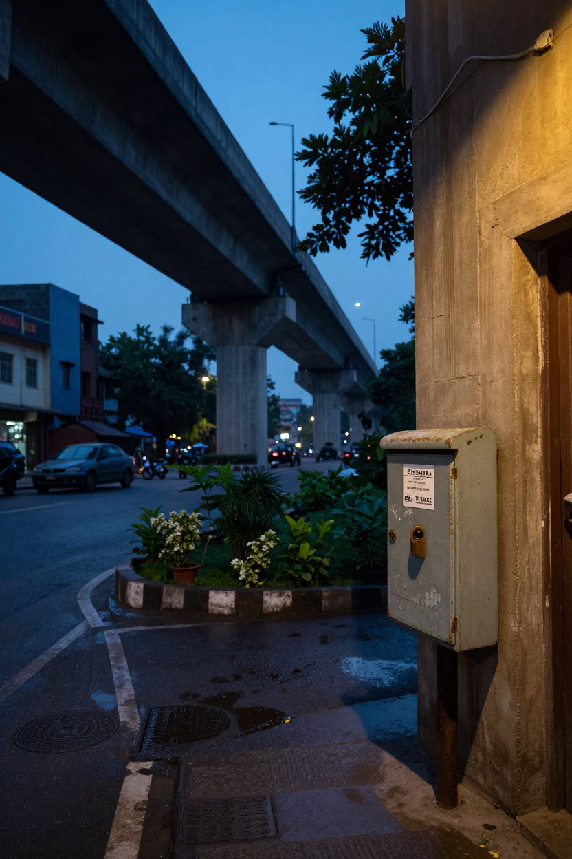 Delhi India Twilight Street Scene with Concrete Viaduct and Lockbox in in Delhi, India